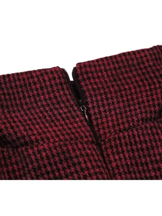 Women's Black & Wine Red Fall High Waisted Wool Plaid A-line Long Maxi Skirt - Picture 5 of 6